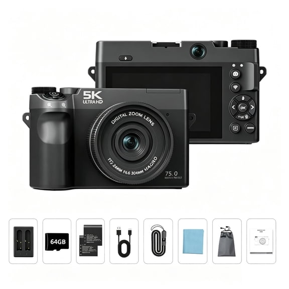 5K Vintage Mirrorless Camera, 75MP Dual Lens Digital Camera, 18X Digital Zoom, 3.0" HD Screen, Electronic Stabilization, WiFi Vlog Camera for Students, Travel, Graduation & Gifts