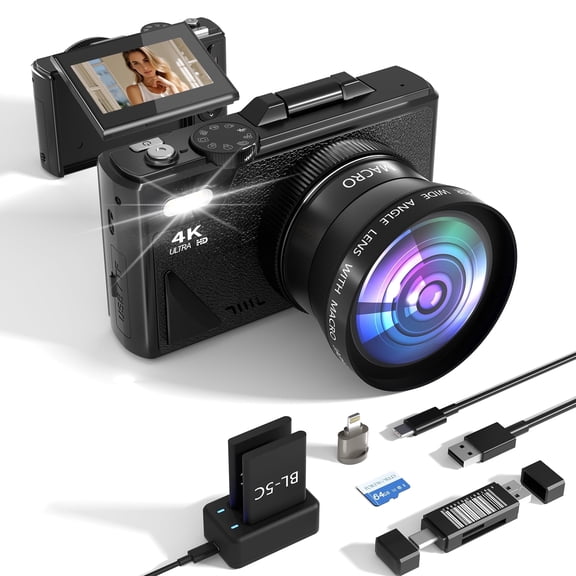 5K Vlogging Camera 75MP Photos 180 Flip Screen 18X Zoom Detachable Lens Dual Batteries Retro Portable Travel Camera for Teens Content Creators Gift