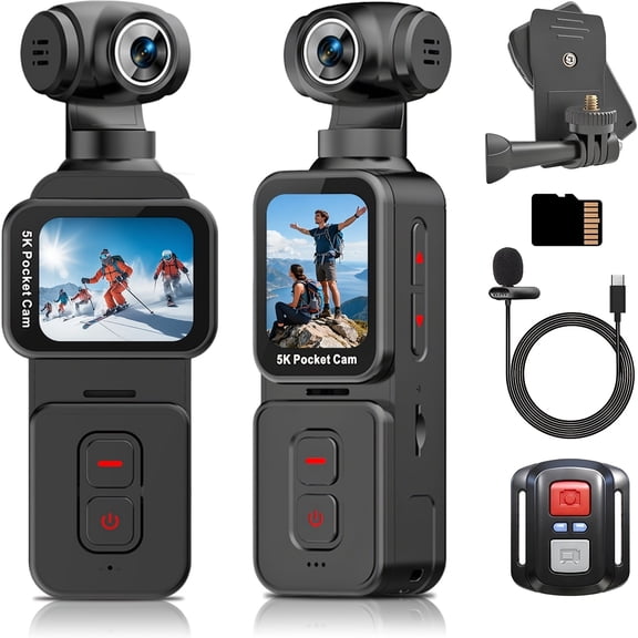 5K Vlogging Camera with Touch Screen, Pocket Action Cam Wi-Fi Body POV Camera with Electronic 270 Rotating Lens, Face Tracking, Remote Control, External MIC for Travel, Motorcycle Riding&cycling