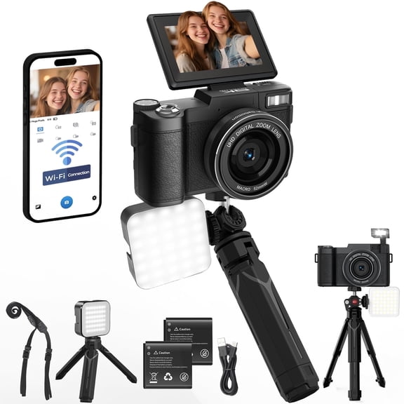 5K Vlogging Camera with WiFi 64MP 4K Digital Camera for Photography Vlog Camera with Flip Screen Video Camera for YouTube with Selfie Light, Desk Tripod, Batteries