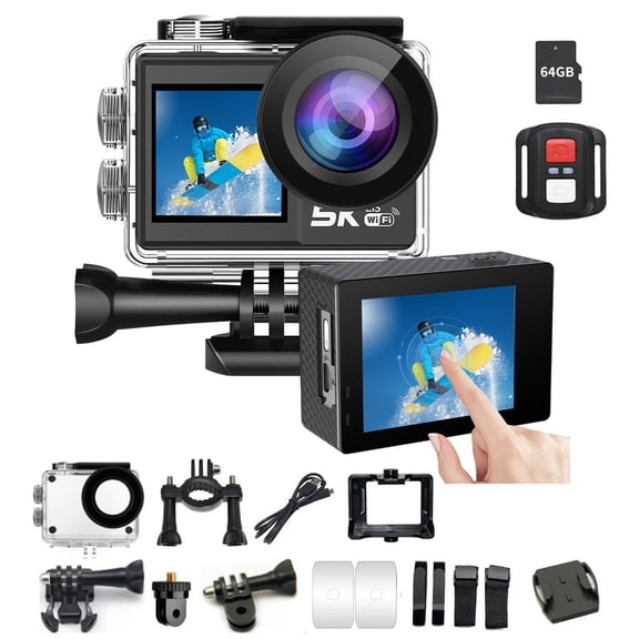 5K30FPS Action Camera with Dual Screens, EIS Anti-Shake & Waterproof Case | Underwater Sports Camera with Touch Screen, Remote, WiFi, 64GB Card | for Vlogging, Travel, Surfing