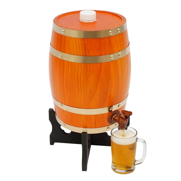 5L/1.32Gal Wooden Wine Barrel, Wood Timber Wine Barrel Dispenser w/Stand & Faucet for Storing Whiskey, Beer, Tequila, Rum, Bourbon, Wine Orange
