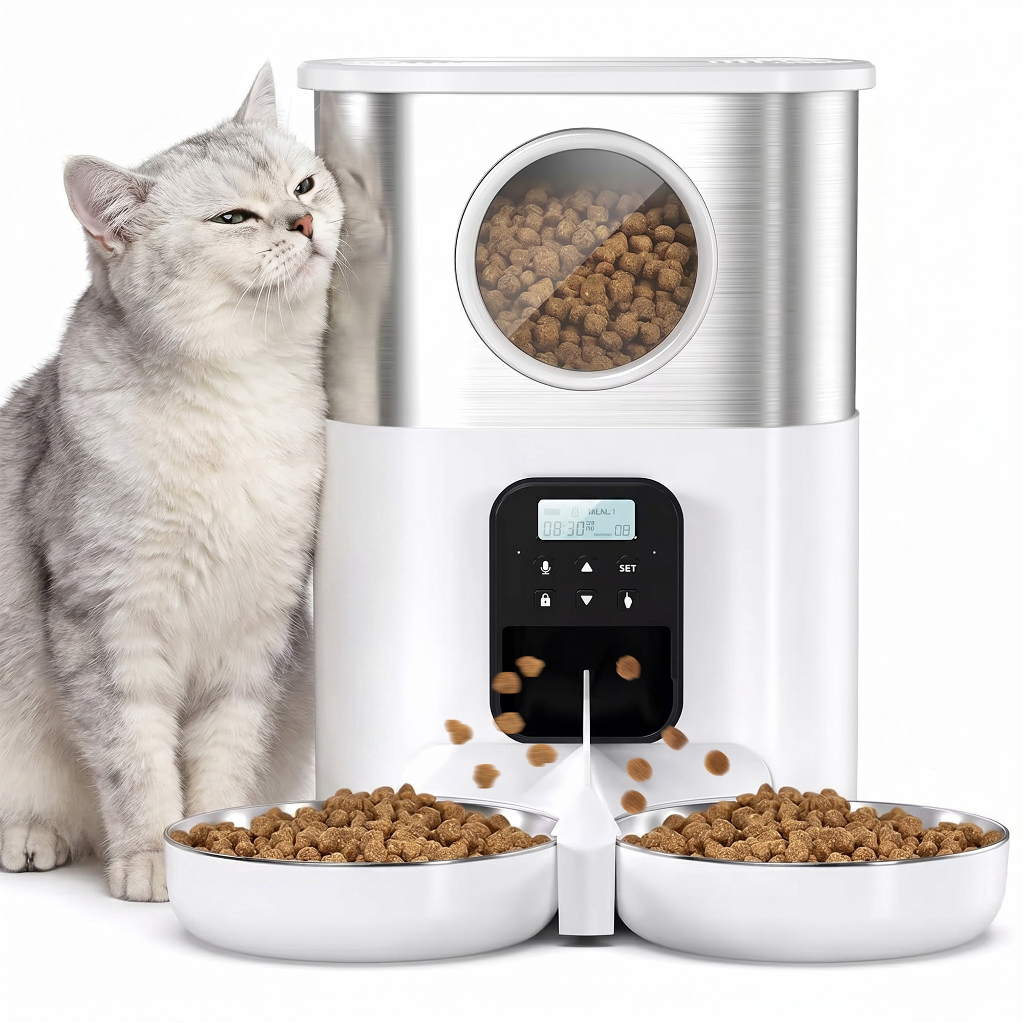 FURCLAN  Automatic Cat Feeder for 2 Cats, 5L Cat Automatic Feeder with Timer, Voice Function and 2 Stainless Steel Bowls for Cats and Small Pets, White