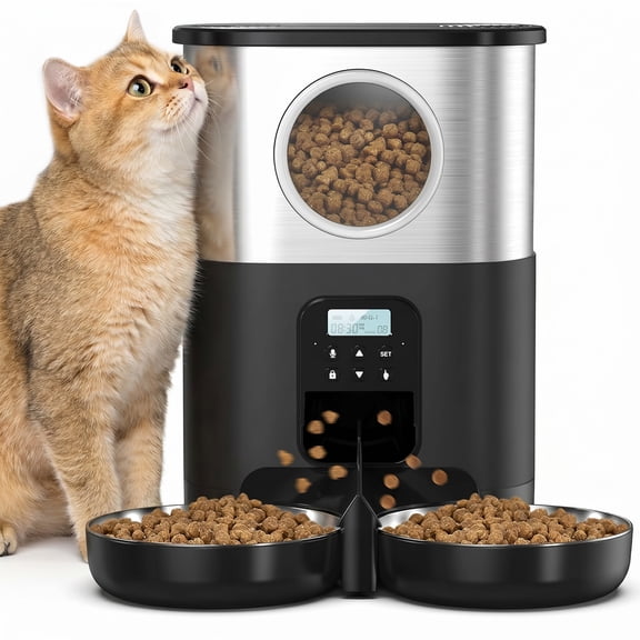FURCLAN 5L/20 Cups Large Capacity Automatic Cat Feeder for 2 Cats, with Timer and Voice Function, Cats Dry Food Dispenser with 2 Stainless Steel Bowl for Pets - Black