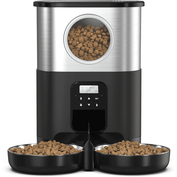 FWMB 5L/20 Cups Large Capacity Automatic Cat Feeder for 2 Cats, with Timer and Voice Function, Cats Dry Food Dispenser with 2 Stainless Steel Bowl for Pets - Black