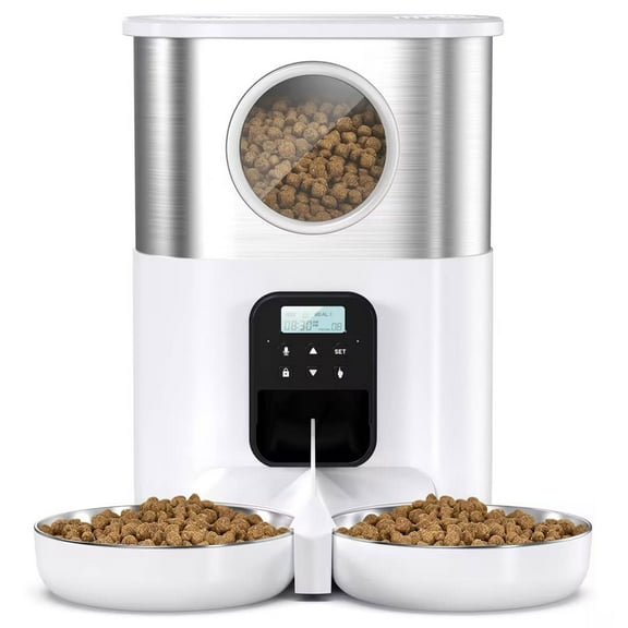 FWMB Automatic Cat Feeder with Timer, Voice Function, 2 Stainless Steel Bowls, 5L Capacity - White