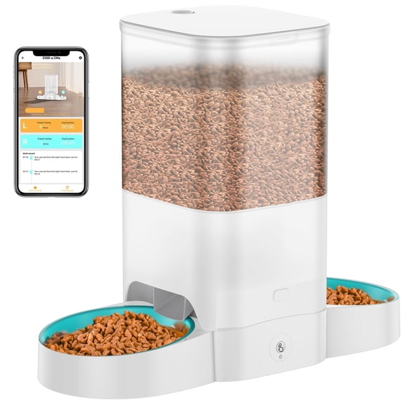 5L Automatic Cat Feeder for Two Cats, 2.4G WiFi Enabled Smart Feed Pet Feeder with Slow Bowl,APP Control Dispenser, Dual Power Supply,Desiccant Bag,10s Meal Call