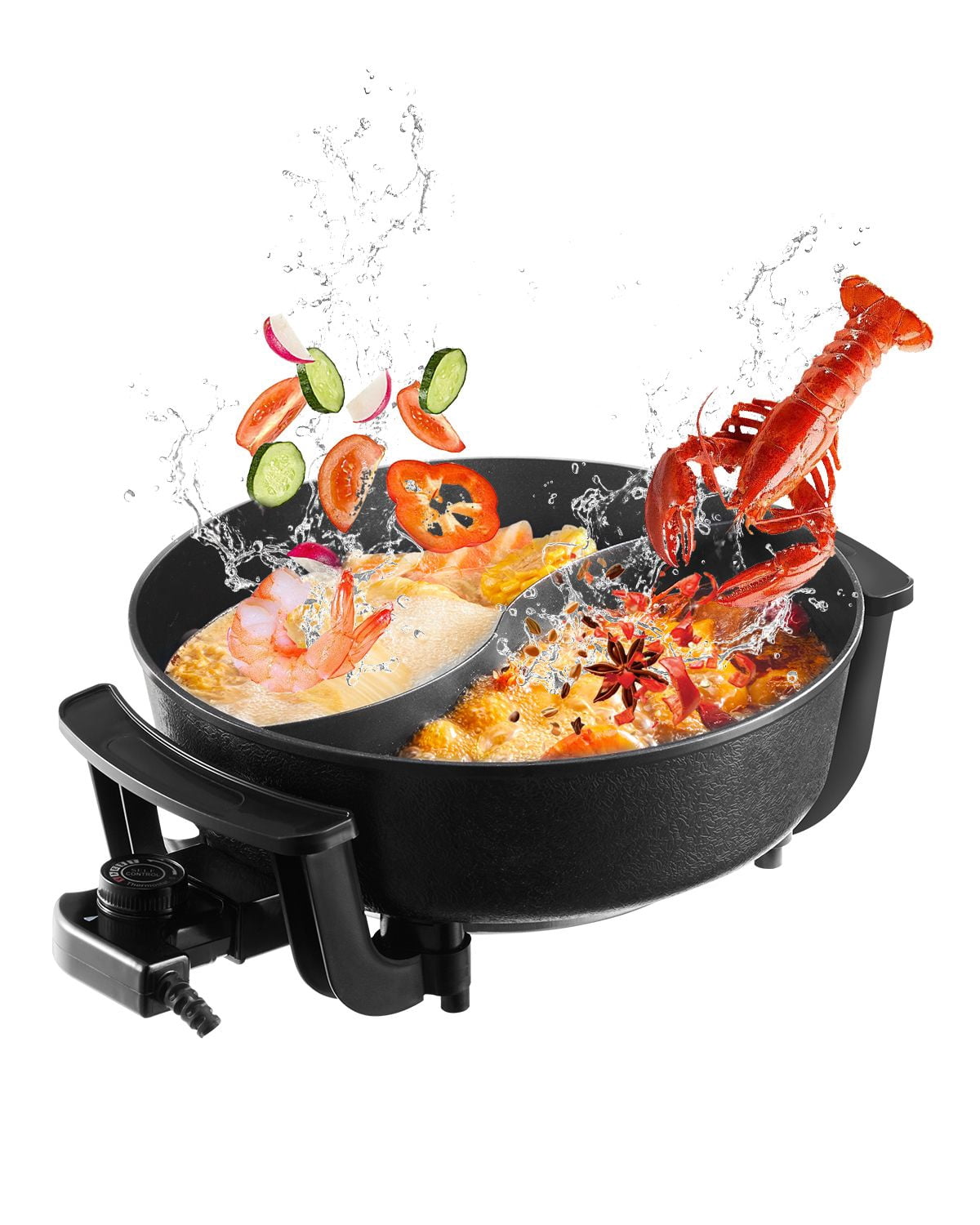 5L Dual-Flavor Electric Hot Pot, 1360W, Stepless Temperature Control, Non-Stick Cast Aluminum, Divided Cooker with Glass Lid, for 6-10 People, Home Hot Pot & Grilling