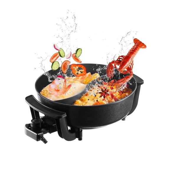 5L Dual-Flavor Electric Hot Pot, 1360W, Stepless Temperature Control, Non-Stick Cast Aluminum, Divided Cooker with Glass Lid, for 6-10 People, Home Hot Pot & Grilling