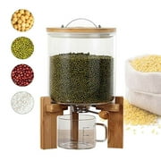 5L Glass Rice Dispenser with Bamboo Stand, Airtight Cereal Storage Container with Bottom Valve, Sealed Kitchen Grain Bin with Measuring Cup, BPA-Free