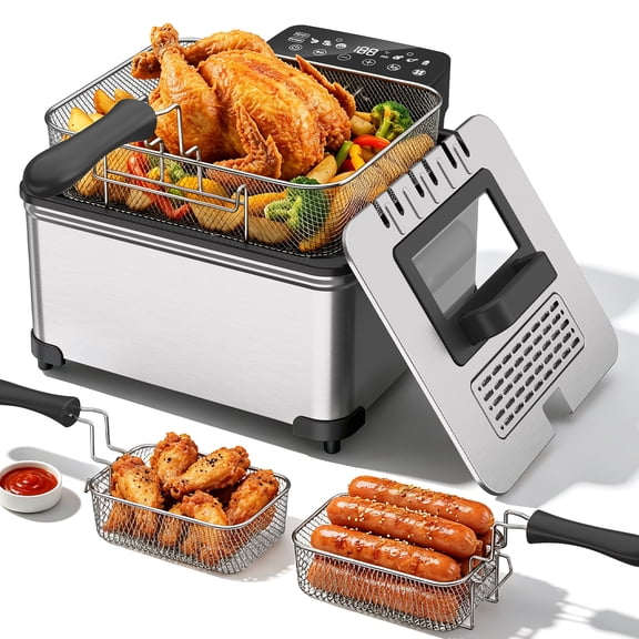 5.3QT Deep Fryer with Touch Screen,Stainless Steel Fryer with 3 Baskets for Home Use, 1700W, Deep Fryer with Oil Filtration, Temp Control, Digital Timer,6 Preset  Menus