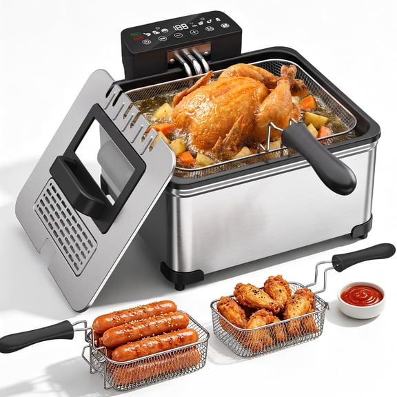5.3QT Deep Fryer with Touch Screen,Stainless Steel Fryer with 3 Baskets for Home Use, 1700W, Deep Fryer with Oil Filtration, Temp Control, Digital Timer,6 Preset Menus