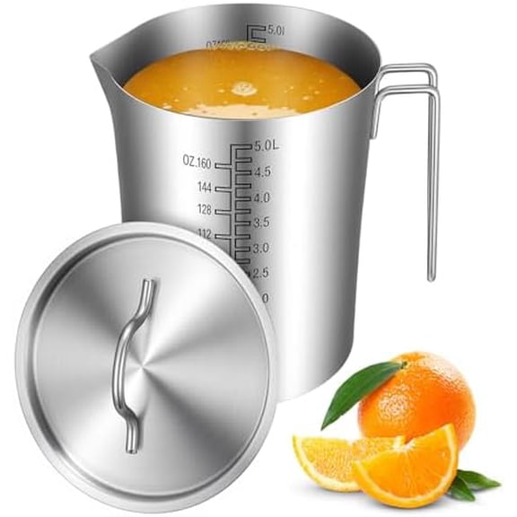 5L Stainless Steel Measuring Pitcher, 169oz 5000 ml Stainless Steel Measuring Cup with Handle, Spout and Lid, Large Capacity Dual Sided Measurement Markings Design for Baking, Brewing Cooking