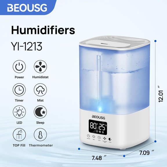 5L Top Fill Ultrasonic Humidifier with Remote Control and Timer for Large Rooms