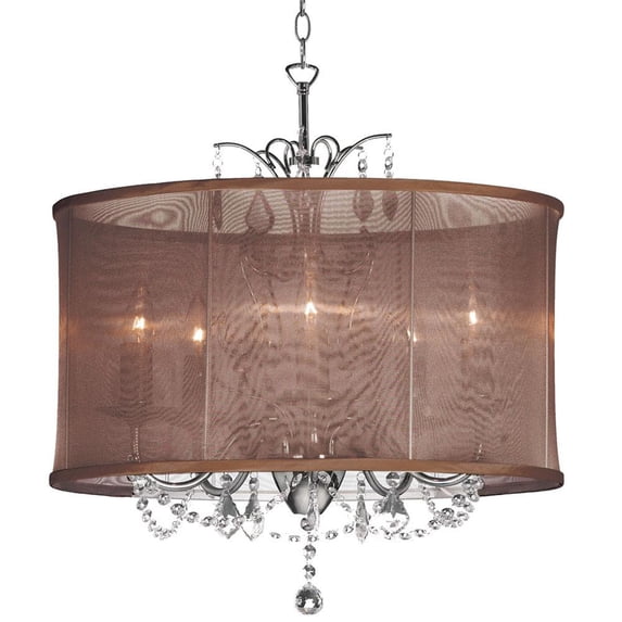 5LT Polished Chrome Maple Droplet Chandelier Chocolate Brown Organza