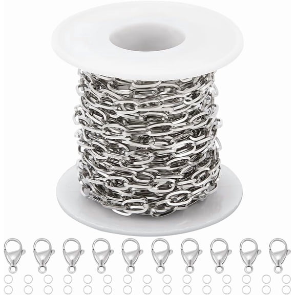 5M/16.4 Feet Silver Paperclip Chain Bulk Stainless Steel Cable Chain Flat Oval Unwelded Metal Paper Clip Roll Spool Link Connector Kits