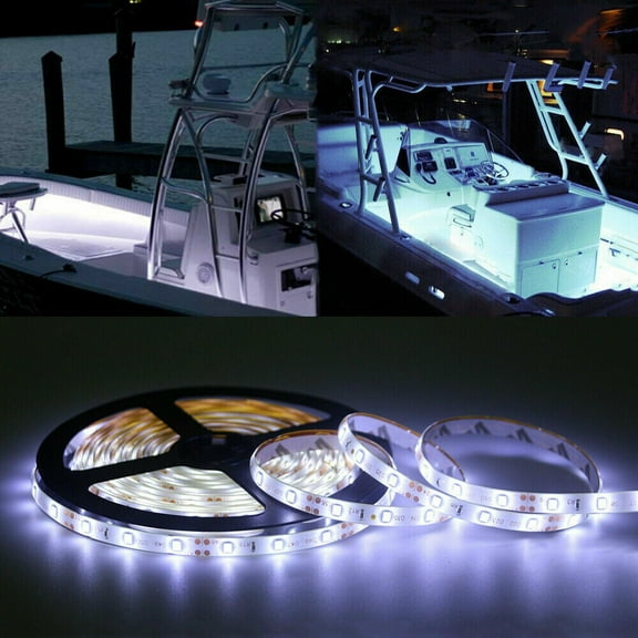 5M/16.4 ft 12 voal LED Flexible Strip Light Cool White for Boat Marine RV Camper