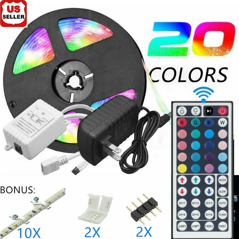 5M 16.4ft RGB 5050 Waterproof 150 LED Strip light SMD 44 Key Remote 12V US Power Full Kit Color Changing Flexible strip with White color Bonus Included Walmart