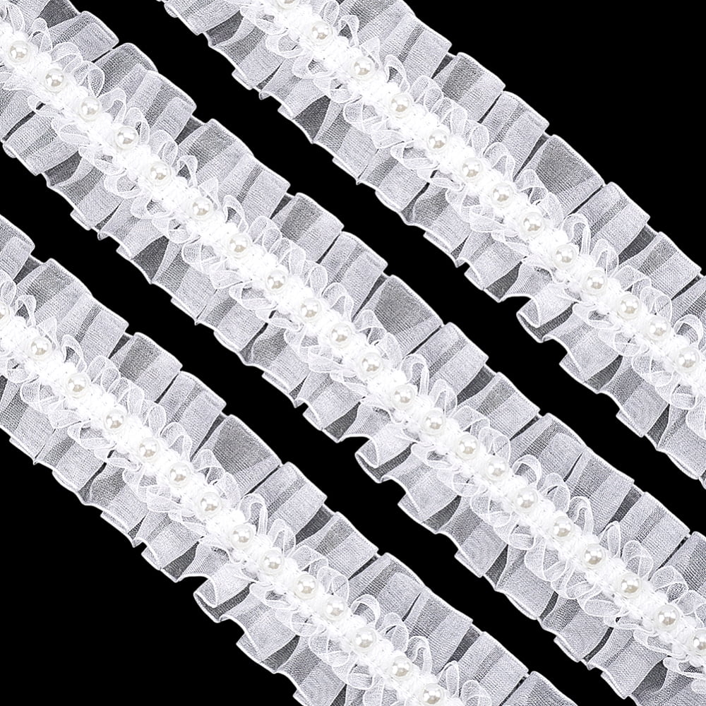 5M Chiffon Flower Lace Trim Ribbon with Imitation Pearl for Garment Accessories Gift Decoration White 1-5/8 inch(40mm) for DIY