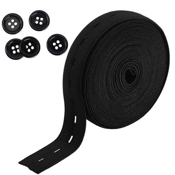 5M Flat Elastic Cord/Bands with Buttonhole with 5Pcs 4-Hole Flat Round Resin Buttons Black 19mm