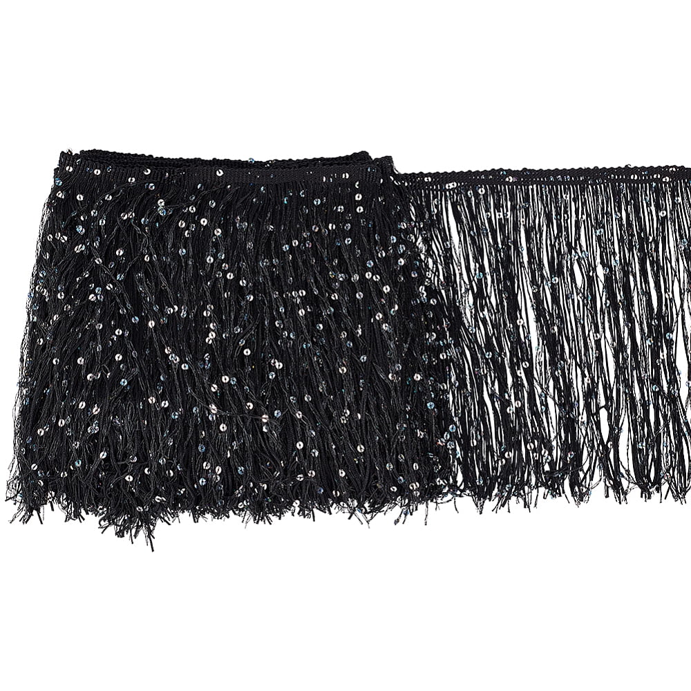 5M Paillette Tassel Polyester Ribbon Trim Clothes Accessories Black 7-7/8 inch(200mm) about 5.47 Yards(5m)/Bag DIY