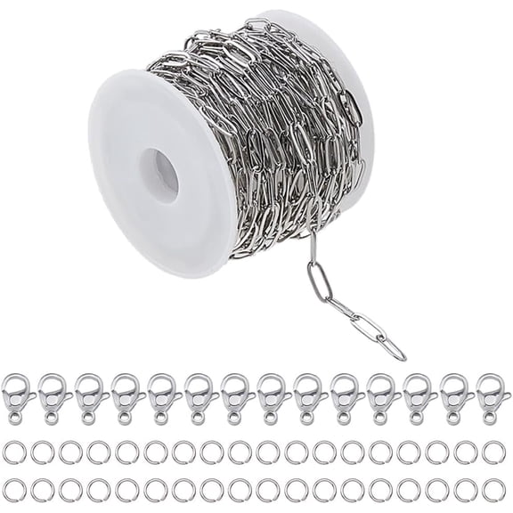 5M Paperclip Chains Bulk Jewelry Making Chains Stainless Steel Chain Link Spool with 20Pcs Lobster Claw Clasps and 50Pcs Jump Rings for Necklace Bracelet Jewelry Making Silver