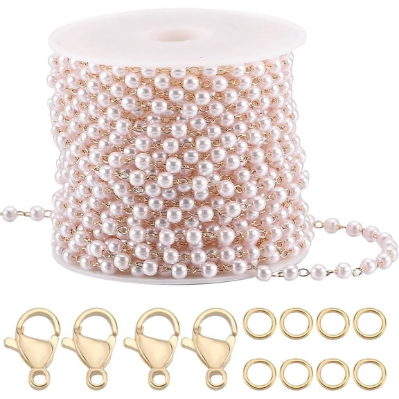 5M Pearl Beading Chain 18K Gold Plated Brass Cable Chain with 20Pcs Lobster Clasps and 50Pcs Jump Rings for Bracelet Necklace Jewelry Making Golden