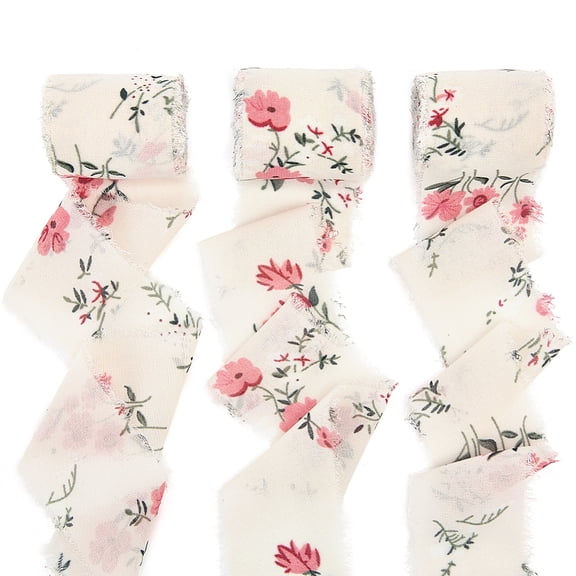 5M Polyester Fringe Flower Printed Ribbon Raw Edged Ribbon for Wedding Invitations Bouquets Gift Wrapping Pink 1-3/4 inch(43mm) 5.47 Yards(5m)/Roll