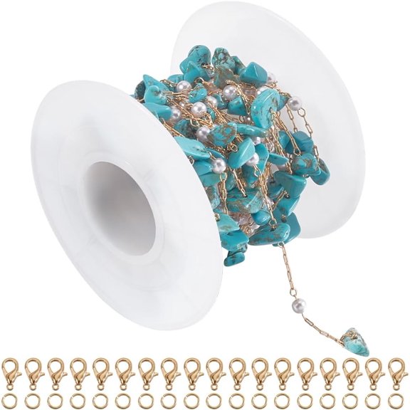 5M Synthetic Turquoise Chips & ABS Plastic Imitation Pearl Beaded Chains & 10Pcs & 30Pcs Long-Lasting Plated Brass Open Jump Rings Soldered with Spool Golden 5~15x5~5.5x2~6mm