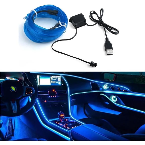 5M USB LED Car Interior Ambient Light Strip, Blue Neon EL Wire, 6.6ft Flexible Trim, Dashboard Accent Lighting, USB Powered Decoration