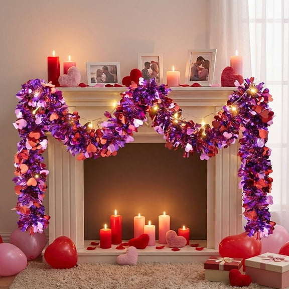 5M Valentine's Day Heart Tinsel Garland - Shiny Metallic Twist Foil Garland for Christmas Tree, Heart Shaped Decorative Garland for Party Home Stairs Indoor Outdoor