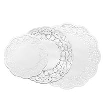 5MLGgoods White Paper Doilies 3 assorted sizes, 150 Pack 3 Sizes Lace Round, (6.5", 8.5", 10.5", 50 Pack Per Size)