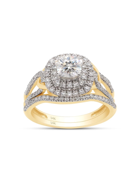 5MM Cushion & Round Cut Lab Created Moissanite Diamond Double Halo Split Shank Engagement Bridal Ring Set In 14K Yellow Gold(G-H Color,VVS1 Clarity,1 Cttw)-6.5
