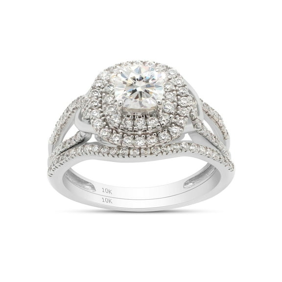 5MM Cushion & Round Cut Lab Created Moissanite Diamond Double Halo Split Shank Engagement Bridal Ring Set In 10K White Gold(G-H Color,VVS1 Clarity,1 Cttw)-10
