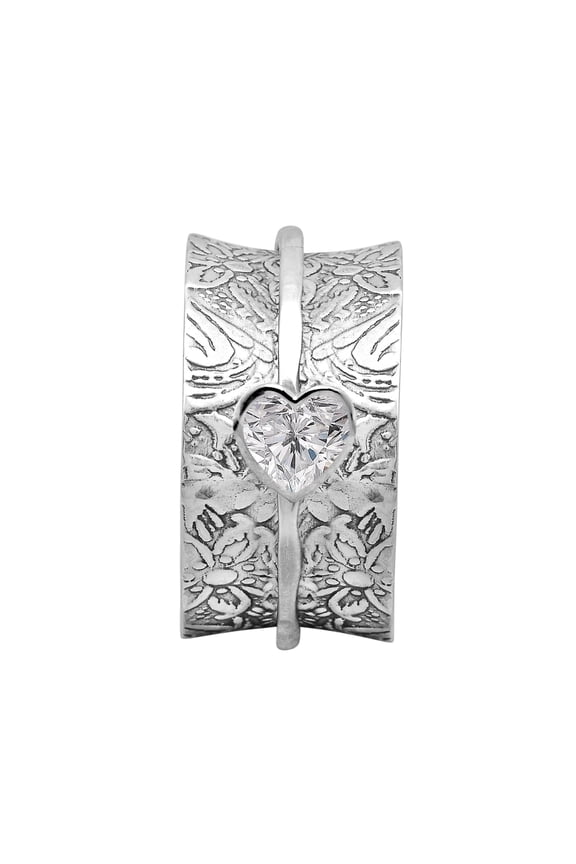 5MM Heart White CZ 925 Silver Single Band Meditation Men Women Spinner Ring