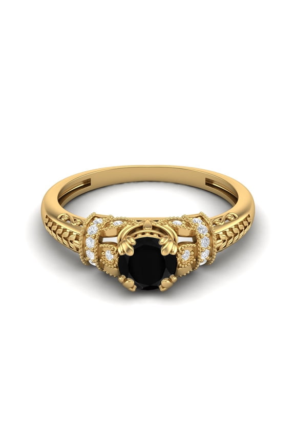 5MM Round Black Spinel 925 Silver Yellow Plated Blossom Design Women Valentines Day Gifts Ring