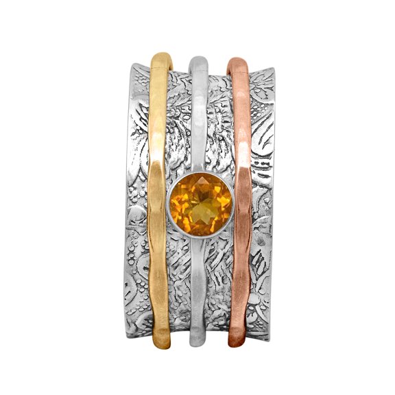 5MM Round Citrine 925 Silver Dual Tone Meditation Anxiety Women Spinner Ring
