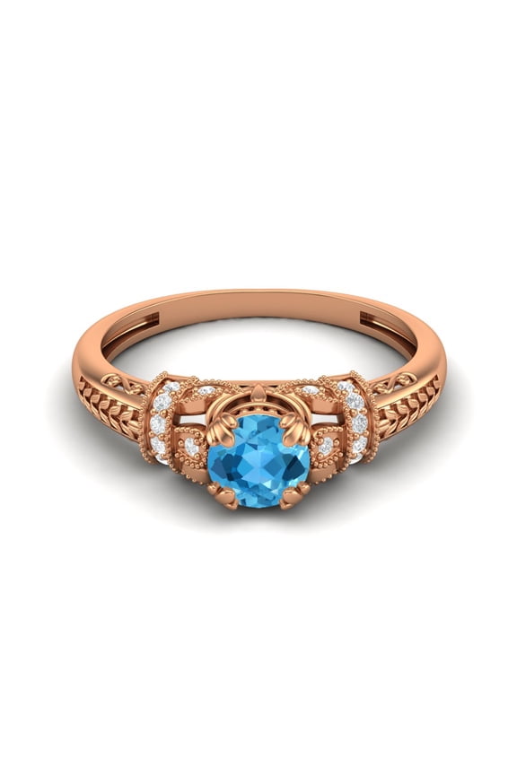5MM Round Shape Swiss Blue Topaz 925 Silver Rose Plated Valentines Day Gifts Blossom Design Ring