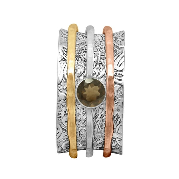 5MM Round Smoky Quartz 925 Silver Dual Tone Meditation Anxiety Women Spinner Ring