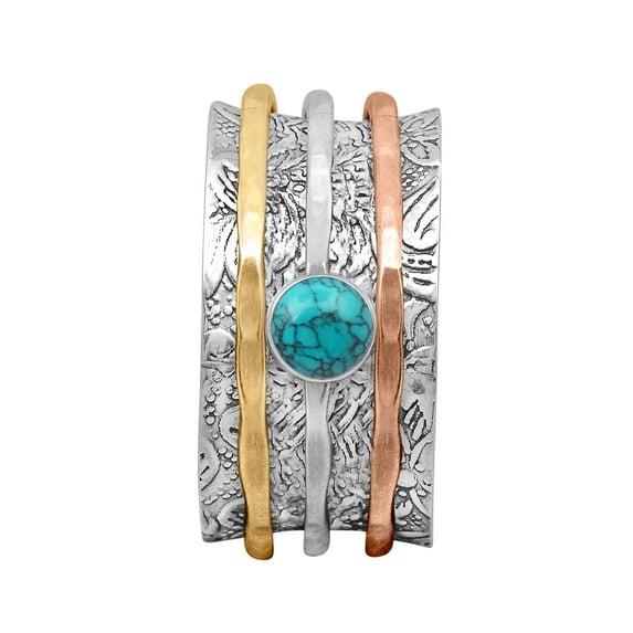 5MM Round Turquoise 925 Silver Dual Tone Meditation Anxiety Women Spinner Ring