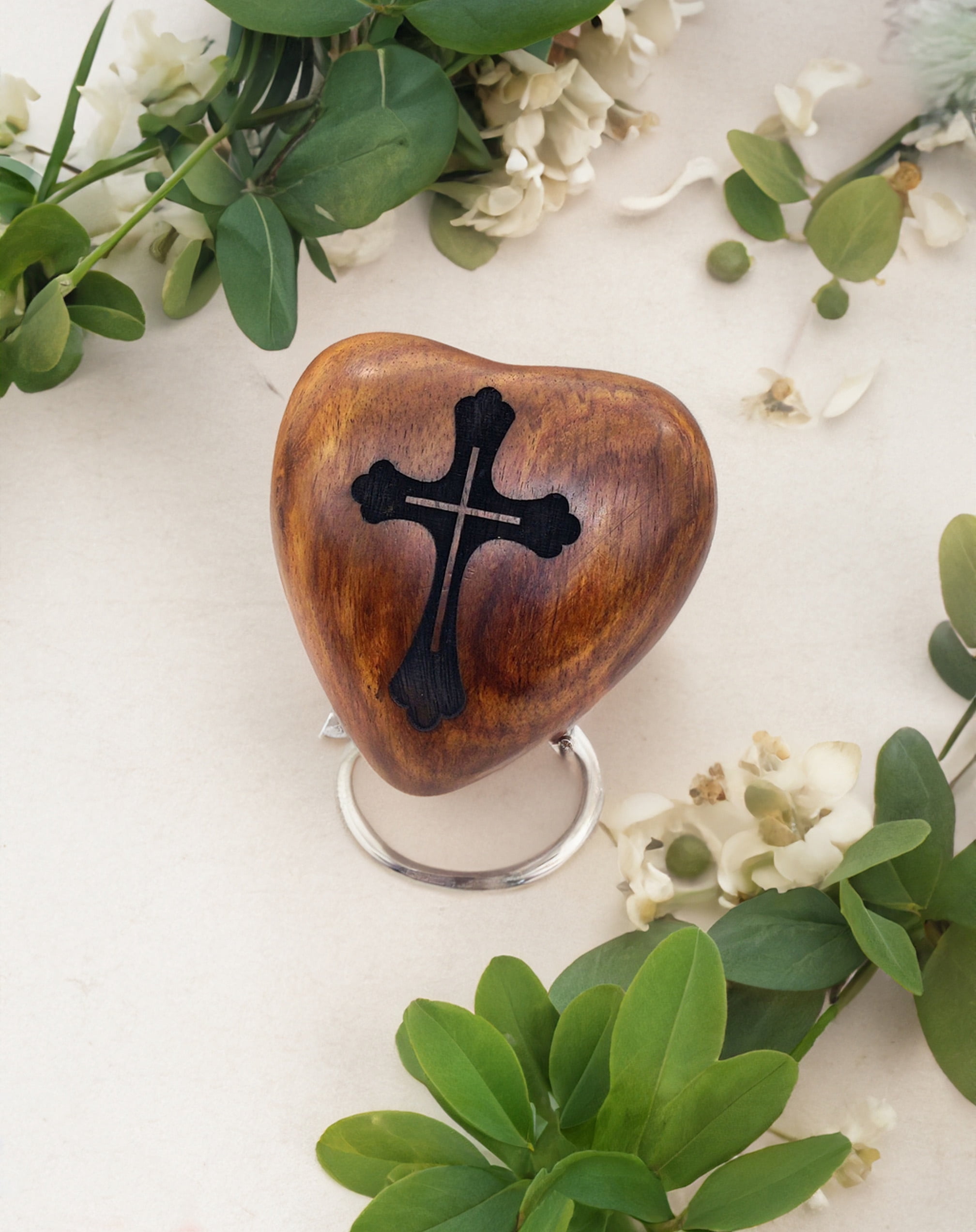 5MOONSUN5 Wooden Heart Urn Keepsake Cremation Urn for Human pet Ashes Handcrafted Urn Heart Shaped - Perfect for Adults & Infants with Brass Stand 3 inch with CROSS Engraving
