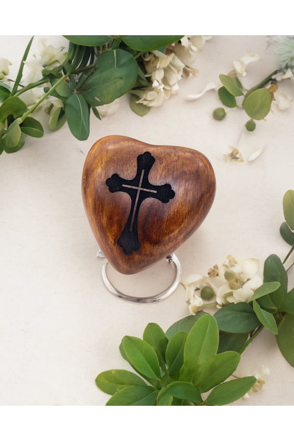 Wooden Heart Urn Keepsake Cremation Urn for Human pet Ashes Handcrafted Urn Heart Shaped - Perfect for Adults & Infants with Brass Stand 3 inch with CROSS Engraving