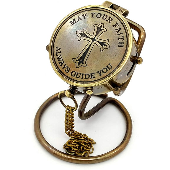 5MOONSUN5's Brass Compass Cross and May Your Faith Always Guide You Engraved. Keepsake Confirmation Gift Ideas, Heavenly Gift of Faith. The Perfect Baptism, Missionary, Birthday with Display Stand.