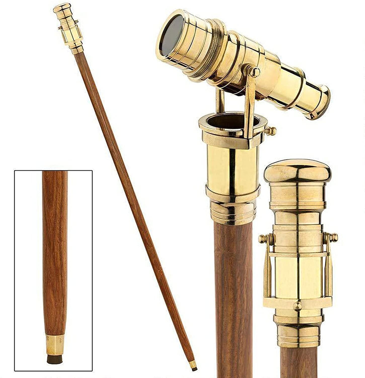 5MOONSUN5's Brass Walking Stick Vintage Handle Victorian Telescope Head Foldable Steampunk Accessories Wooden Walking Stick Cane for Men and Women