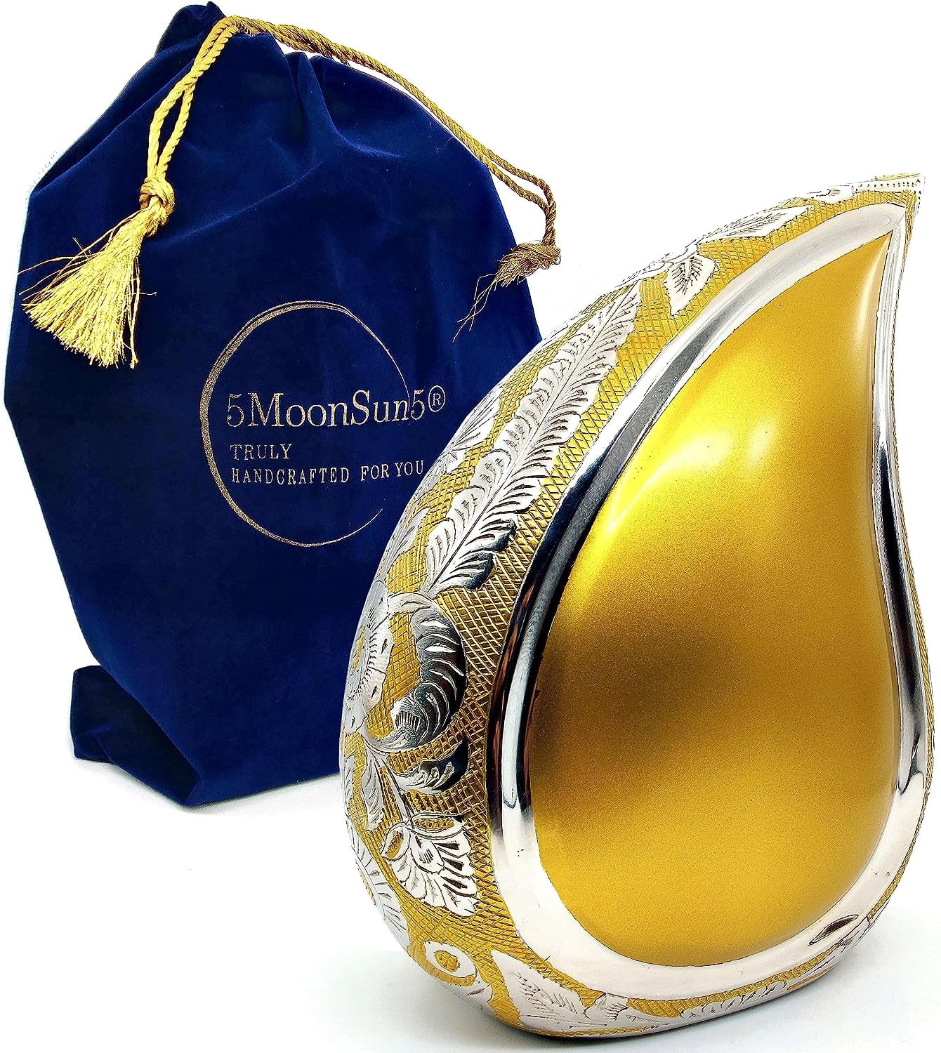 5MOONSUN5's Handcrafted TEARDROP Cremation Urn with hand engraved - Memorial URN for Human Ashes, Adult URN for Funeral, Burial, Columbarium or Home, Adult 200 Cubic Inches with Velvet Bag Gold