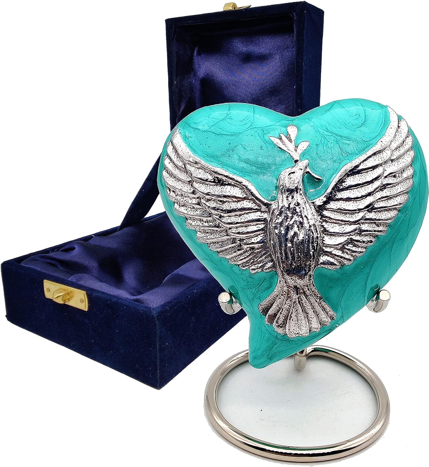 5MOONSUN5's Heart Sea Green Urn Keepsake Cremation Urn for Human pet Ashes with Bird engraved Urn Heart Shaped Perfect for Adults & Infants Honor Your Loved One. Comes with Brass Stand & Premium Box