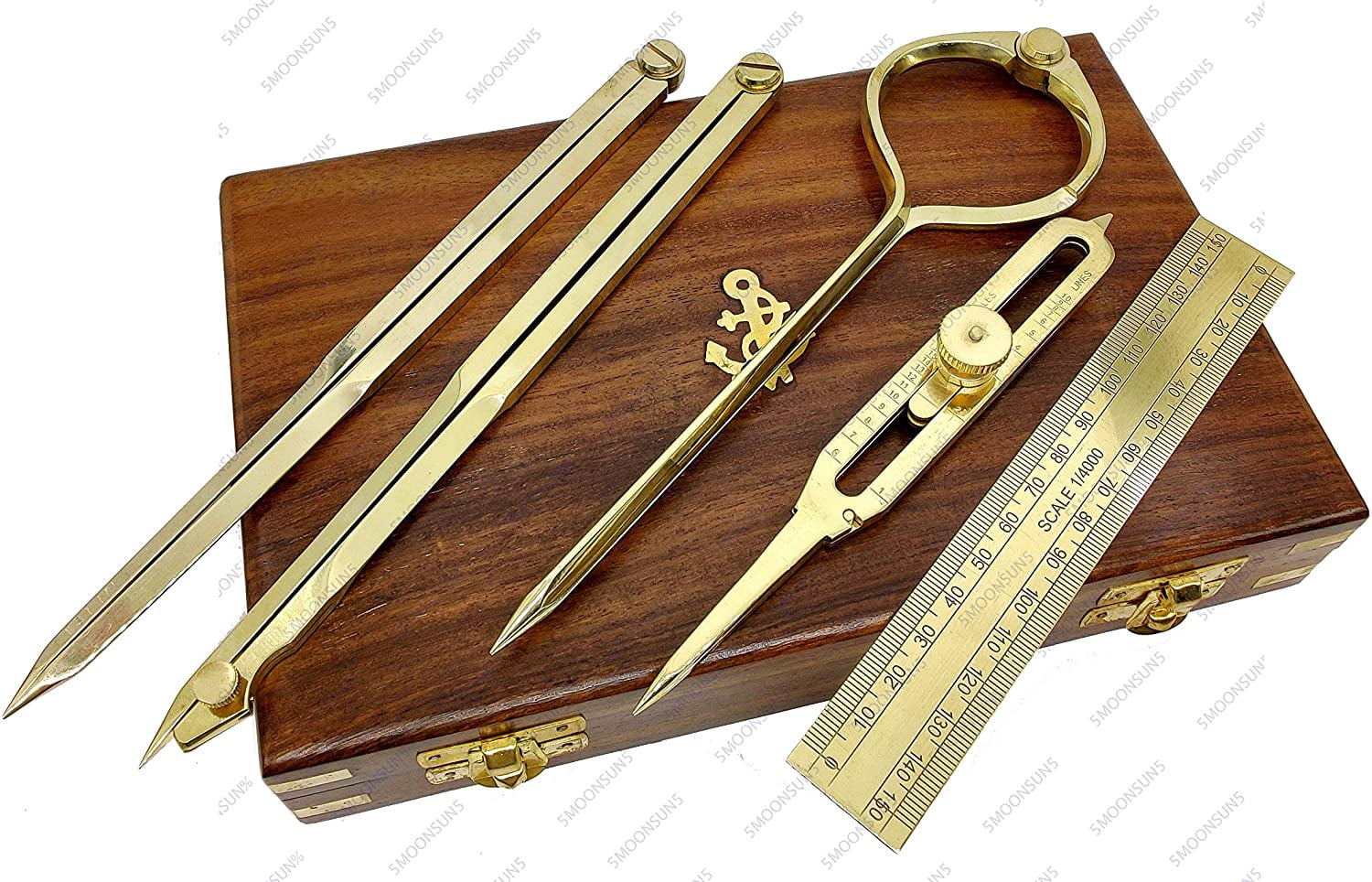 5MOONSUN5's Proportional Divider Set of 5, Full Brass dividers with Executive Wooden Box, Single Handed 8" Brass Navigational Dividers Compass Set for Maritime, Naval, Geometry and Drafting