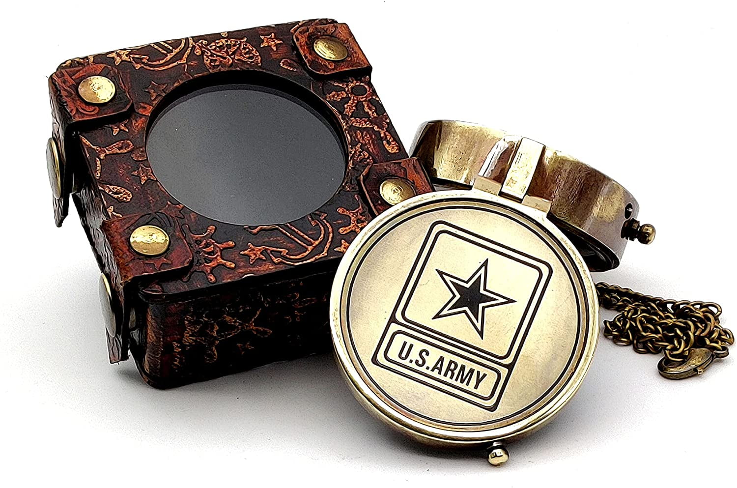 5MOONSUN5's US Army Engraved Brass Military Compass Nautical Marine Gift A Perfect and Unique Gift for Army Person Survival Navigation Compass for Hiking Camping Hunting with Leather Display Case
