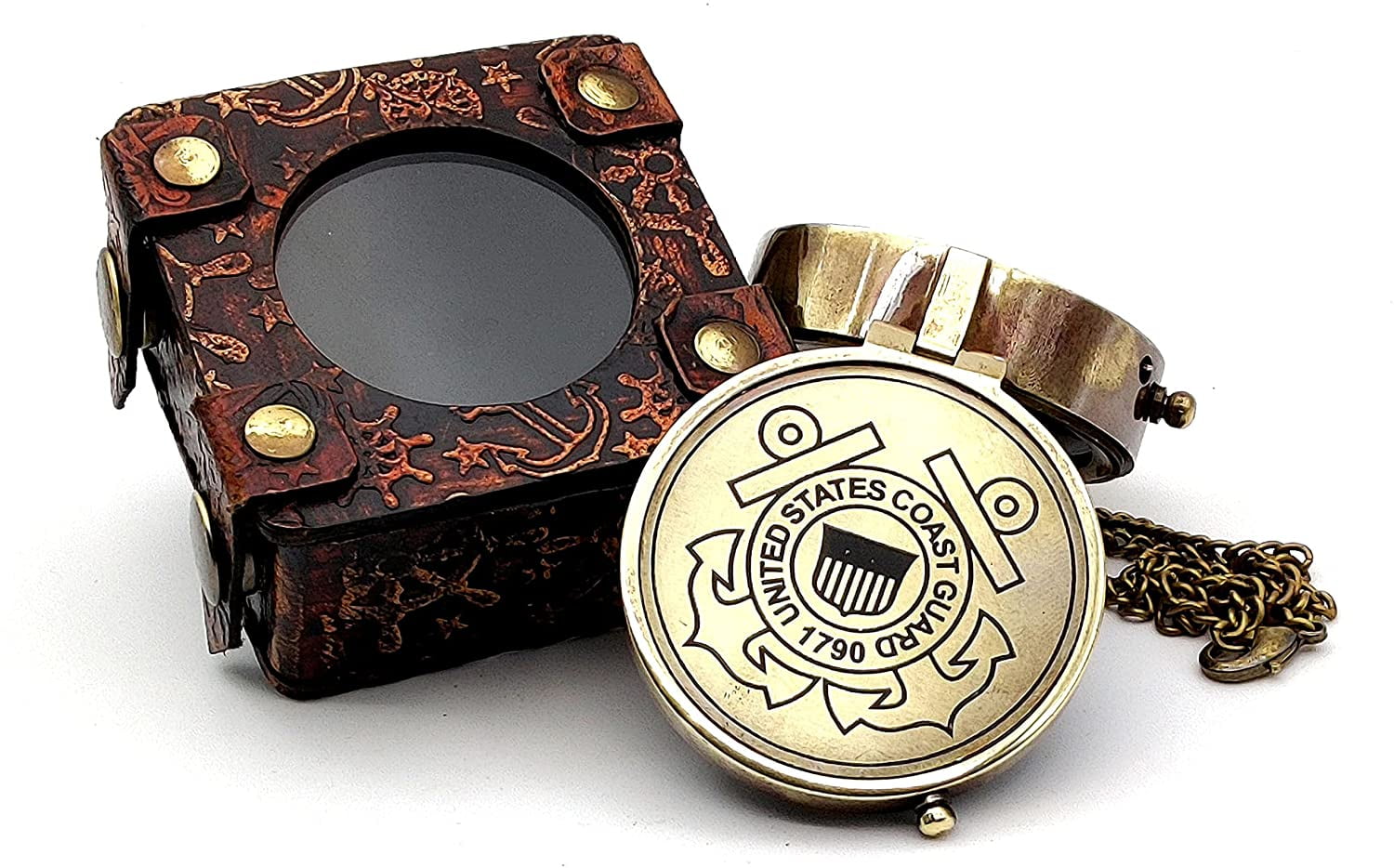 5MOONSUN5's US Coast Guard Engraved Brass Military Compass Nautical Marine Gift A Perfect and Unique Gift for Army Person Survival Navigation Compass for Hiking Camping with Leather Display Case