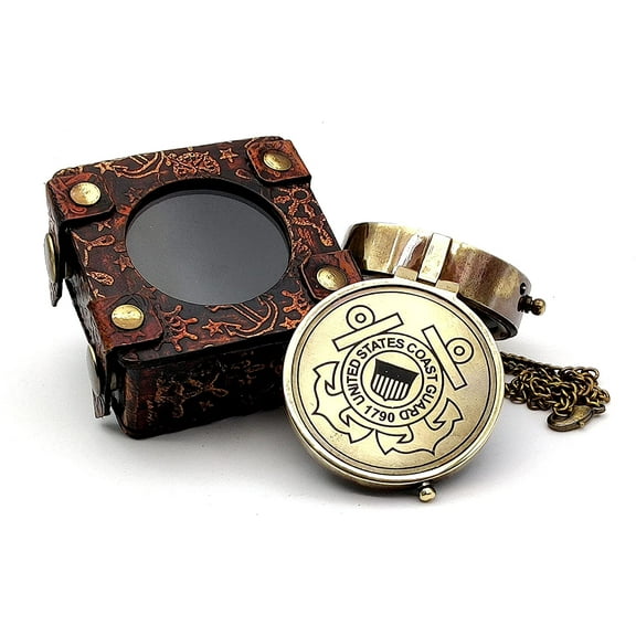 5MOONSUN5's US Coast Guard Engraved Brass Military Compass Nautical Marine Gift A Perfect and Unique Gift for Army Person Survival Navigation Compass for Hiking Camping with Leather Display Case